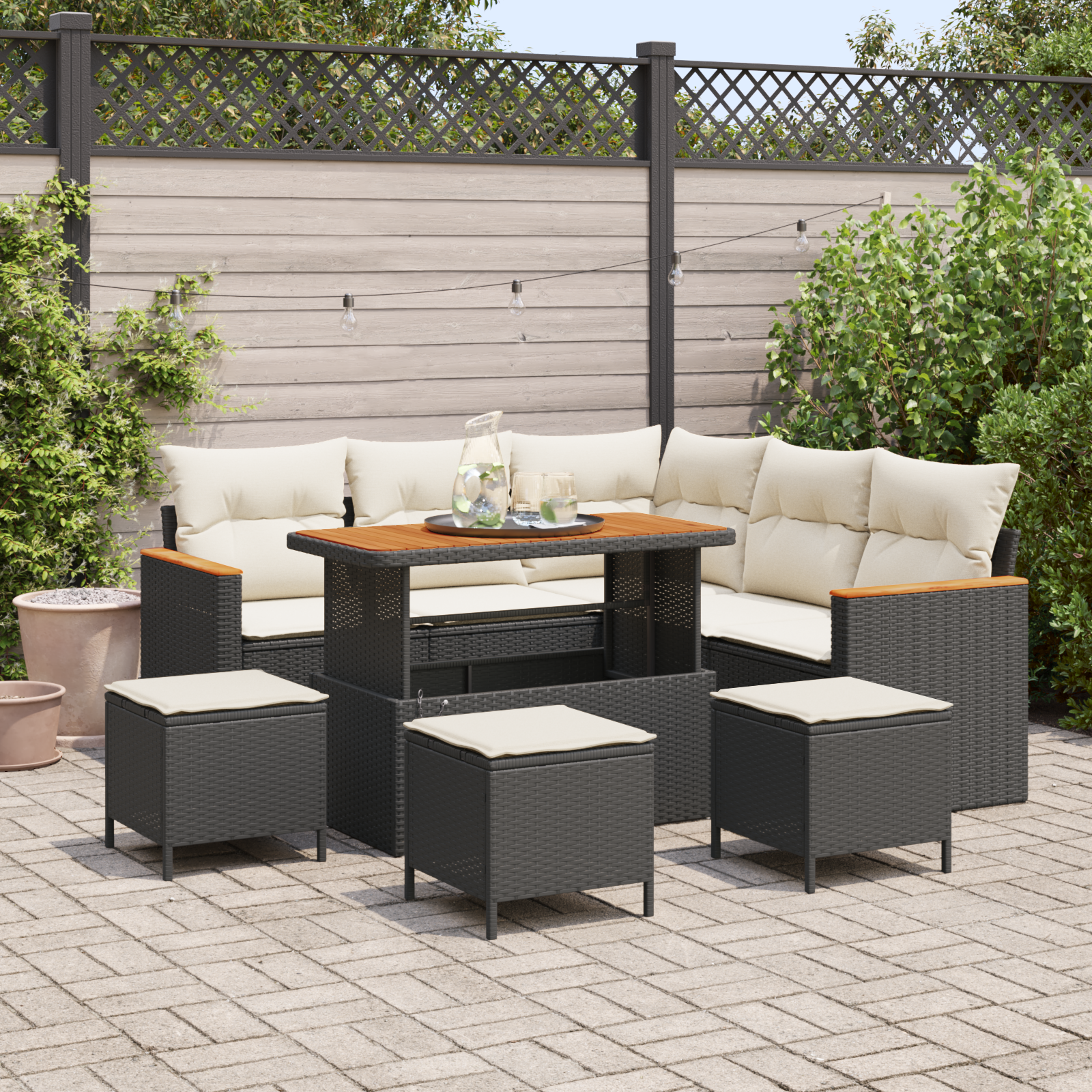 9-teilige Garten-Sofa-Set mit Kissen Schwarz Poly-Rattan Akazie