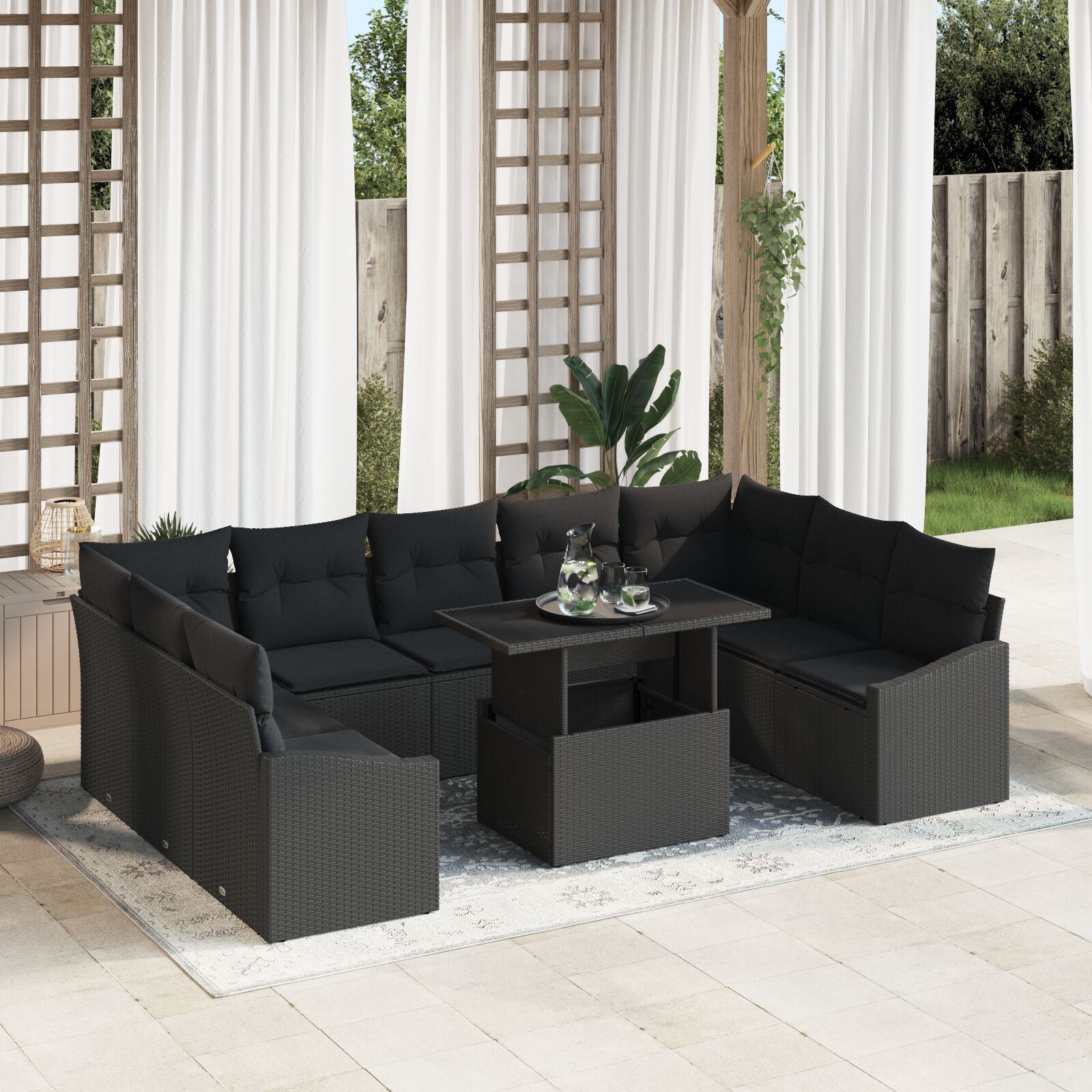 10-teiliges Garten Sofa Set mit Kissen Schwarz Poly Rattan 10-teiliges Garten Sofa Set mit Kissen Schwarz Poly Rattan