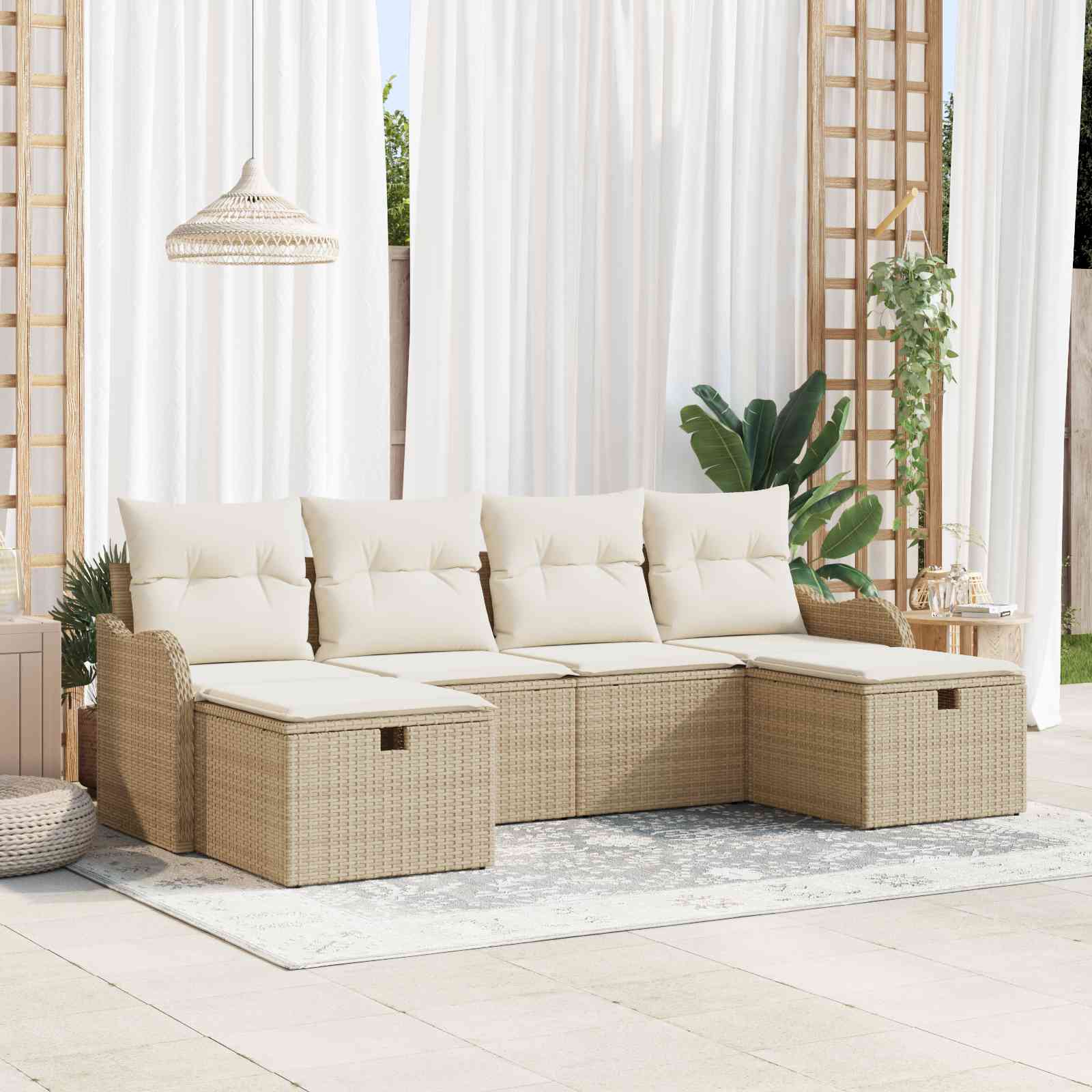 6-teiliges Garten-Sofa Set mit Kissen Beige Poly-Rattan 6-teiliges Garten-Sofa Set mit Kissen Beige Poly-Rattan