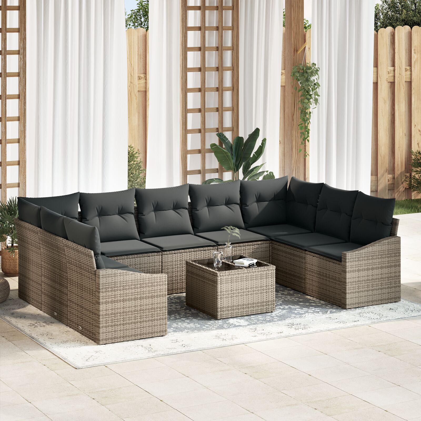 9-teilige Garten Sofa Set mit Kissen Schwarz Poly Rattan