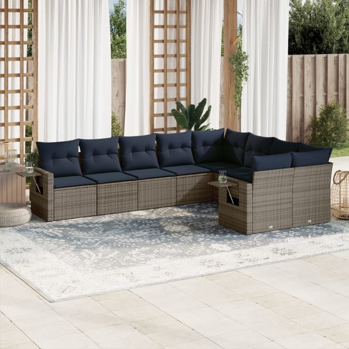 9-teiliges Gartensofa-Set mit Kissen, grau, Polyrattan 9-teiliges Gartensofa-Set mit Kissen, grau, Polyrattan