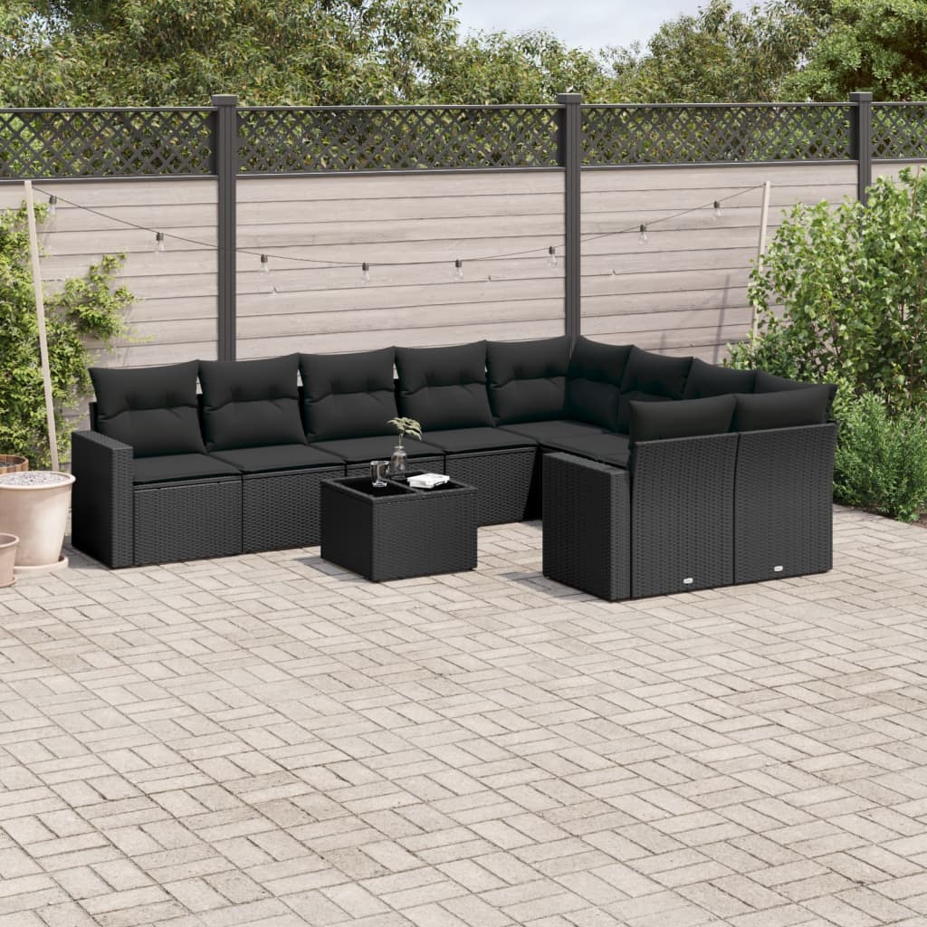 10-tlg. Garten-Sofagarnitur mit Kissen Schwarz Poly Rattan 10-tlg. Garten-Sofagarnitur mit Kissen Schwarz Poly Rattan