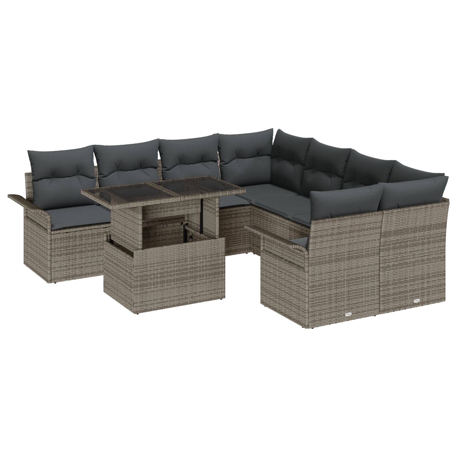 9-teiliges Garten Sofa Set mit Kissen graues Poly Rattan, 2-Sitzer Garten Sofa mit Stauraum & Kissen graues Poly Rattan