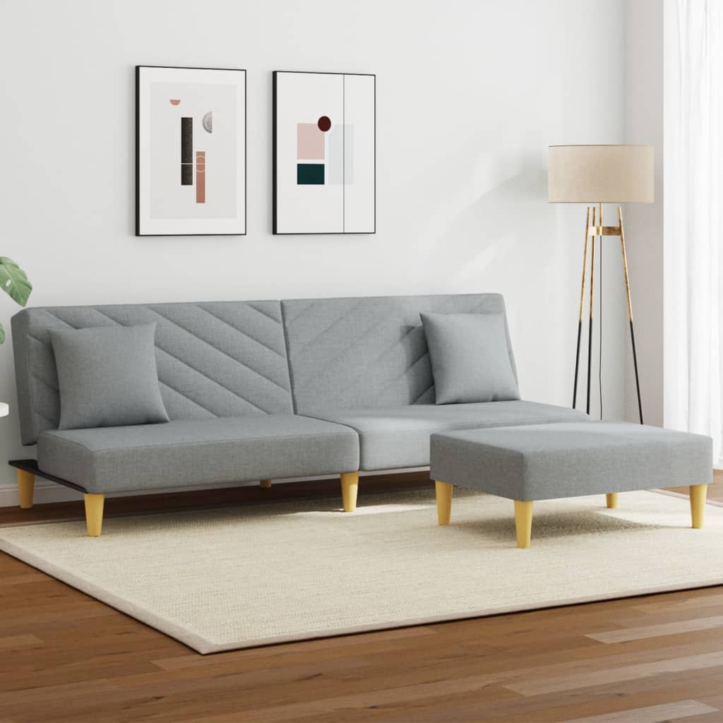 Schlafsofa 2-Sitzer mit Kissen und Fußhocker Hellgrau Stoff Schlafsofa 2-Sitzer mit Kissen und Fußhocker Hellgrau Stoff