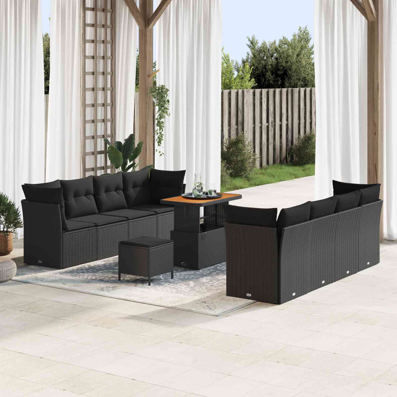 11-teiliges Garten-Sofa-Set mit Kissen Schwarz Poly-Rattan Akazie