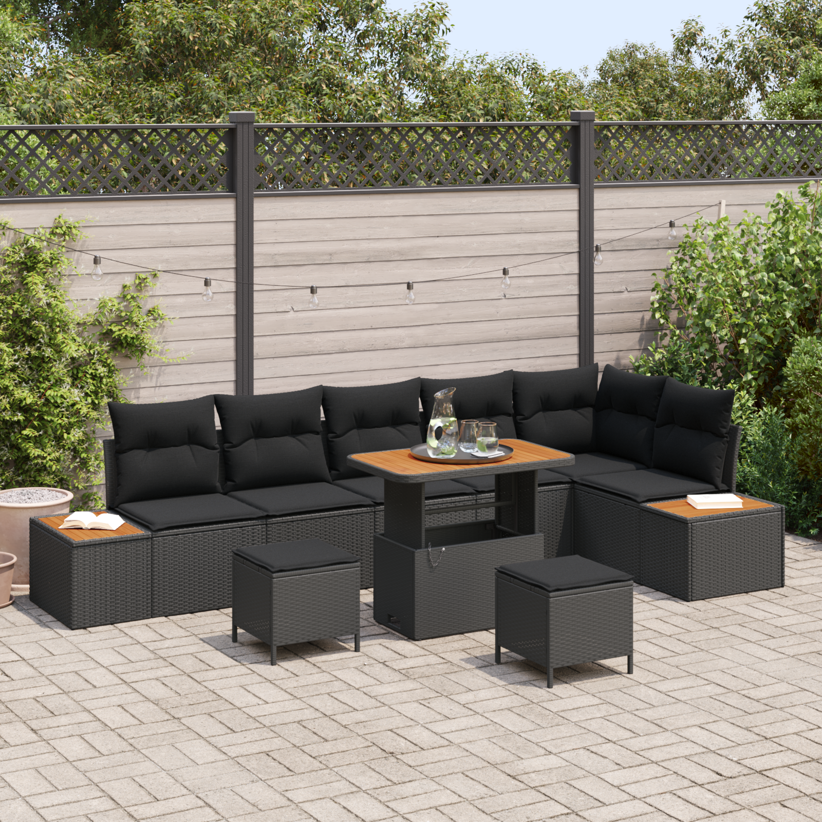9-teiliges Garten Sofa Set mit Kissen Schwarz Poly-Rattan Akazie