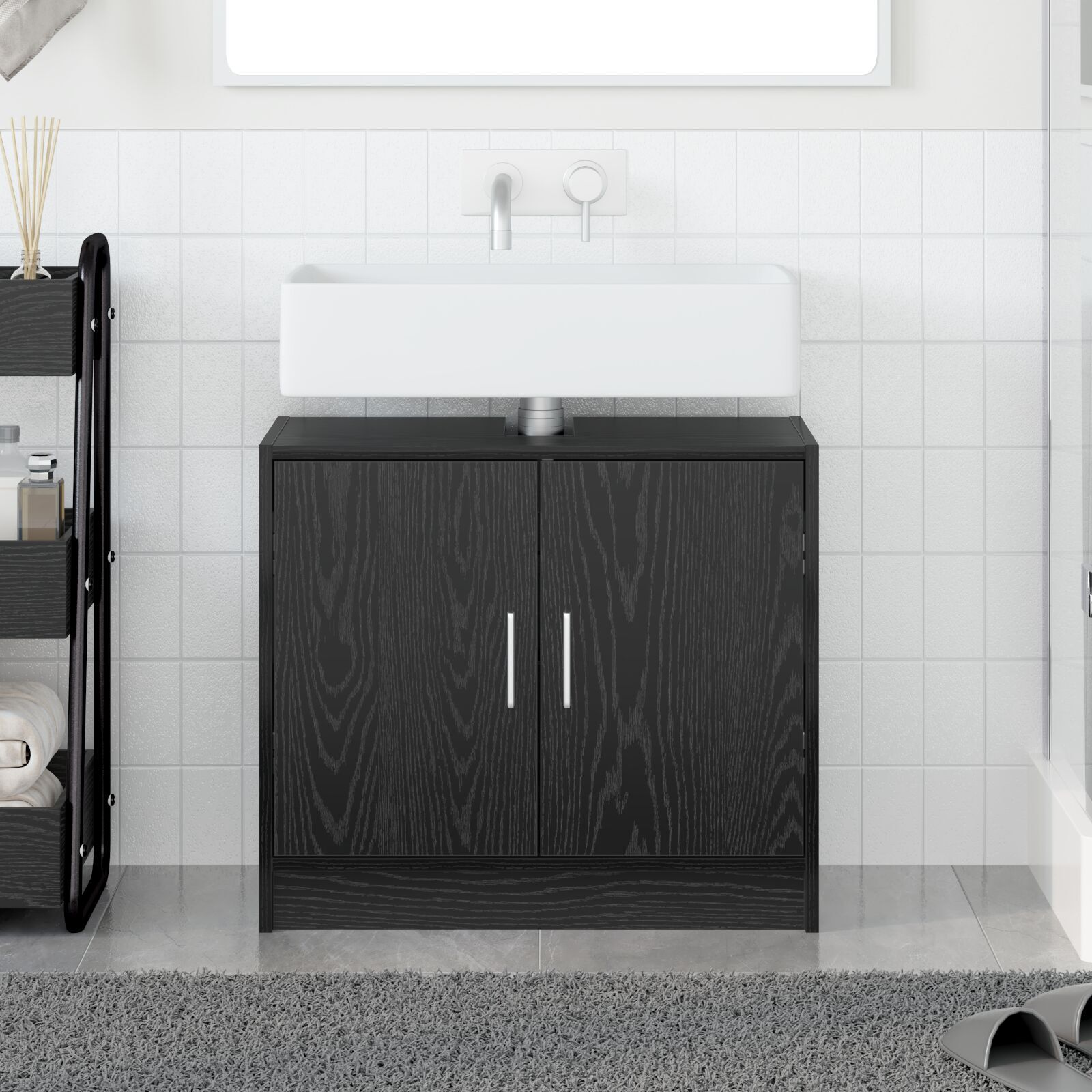 Waschschrank schwarzes Eichenholz 63x29x55 cm Holzwerkstoff