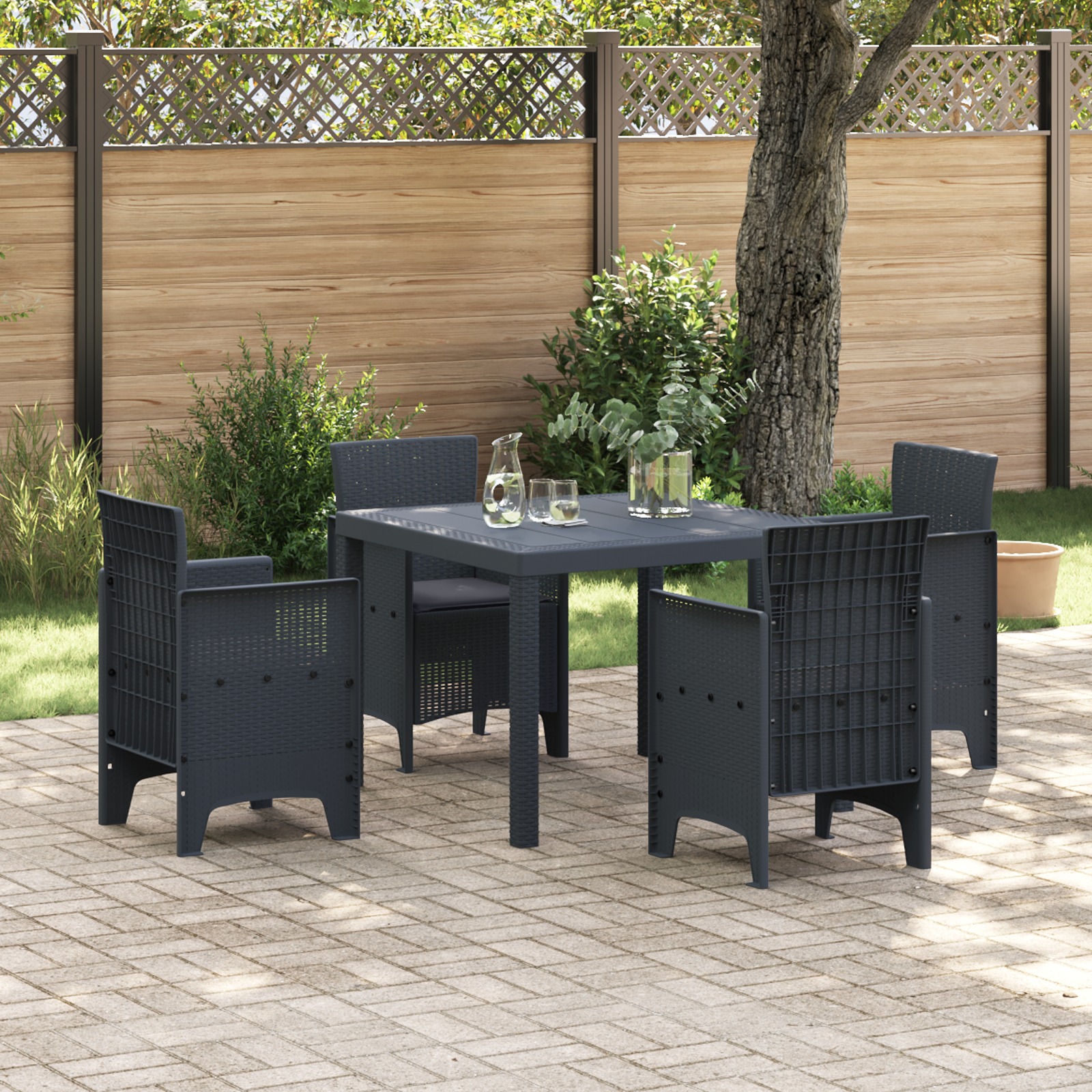 5-tlg. Garten-Essgruppe mit Kissen Anthrazit Poly Rattan