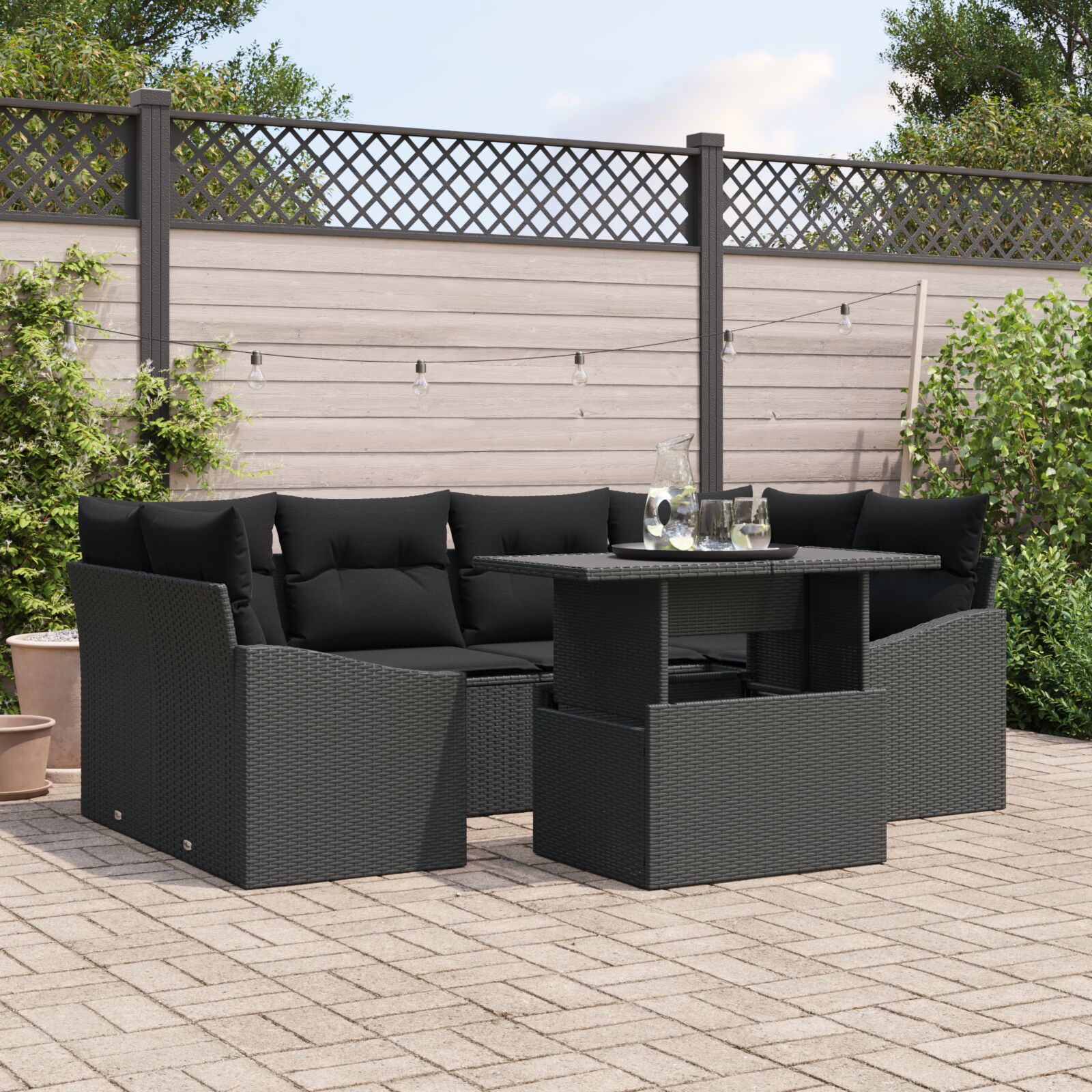 7-teiliges Garten-Sofaset mit Kissen Schwarz Poly Rattan