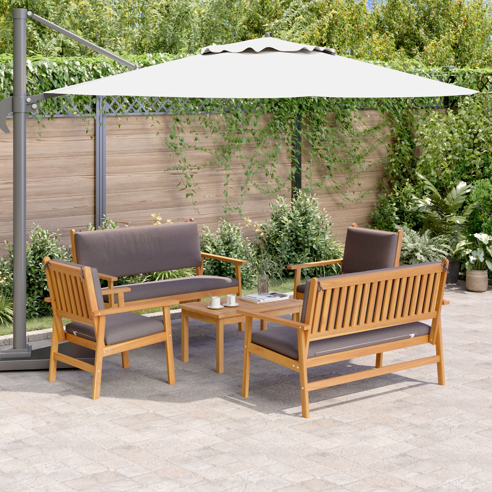vidaXL 5-teiliges Garten-Sofa-Set mit Kissen aus massivem Akazienholz