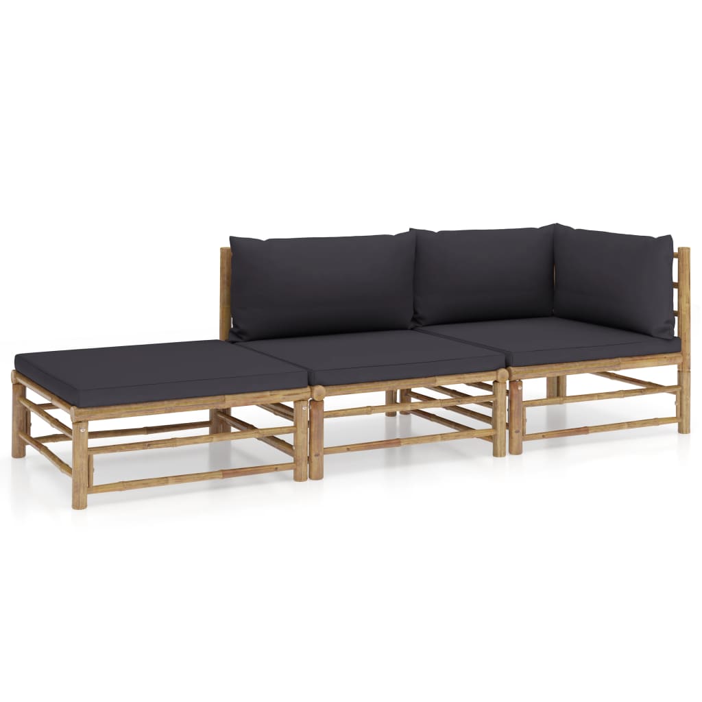 3-tlg. Garten-Lounge-Set mit Dunkelgrauen Kissen Bambus