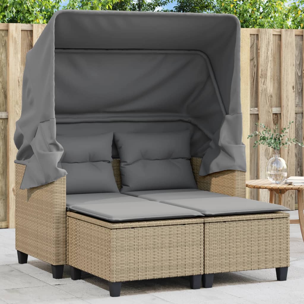 Gartensofa 2-Sitzer mit Dach und Hockern Beige Poly Rattan Gartensofa 2-Sitzer mit Dach und Hockern Beige Poly Rattan