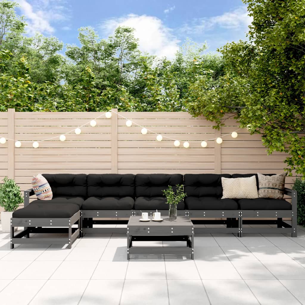 7-tlg. Garten-Lounge-Set mit Kissen Grau Massivholz 7-tlg. Garten-Lounge-Set mit Kissen Grau Massivholz