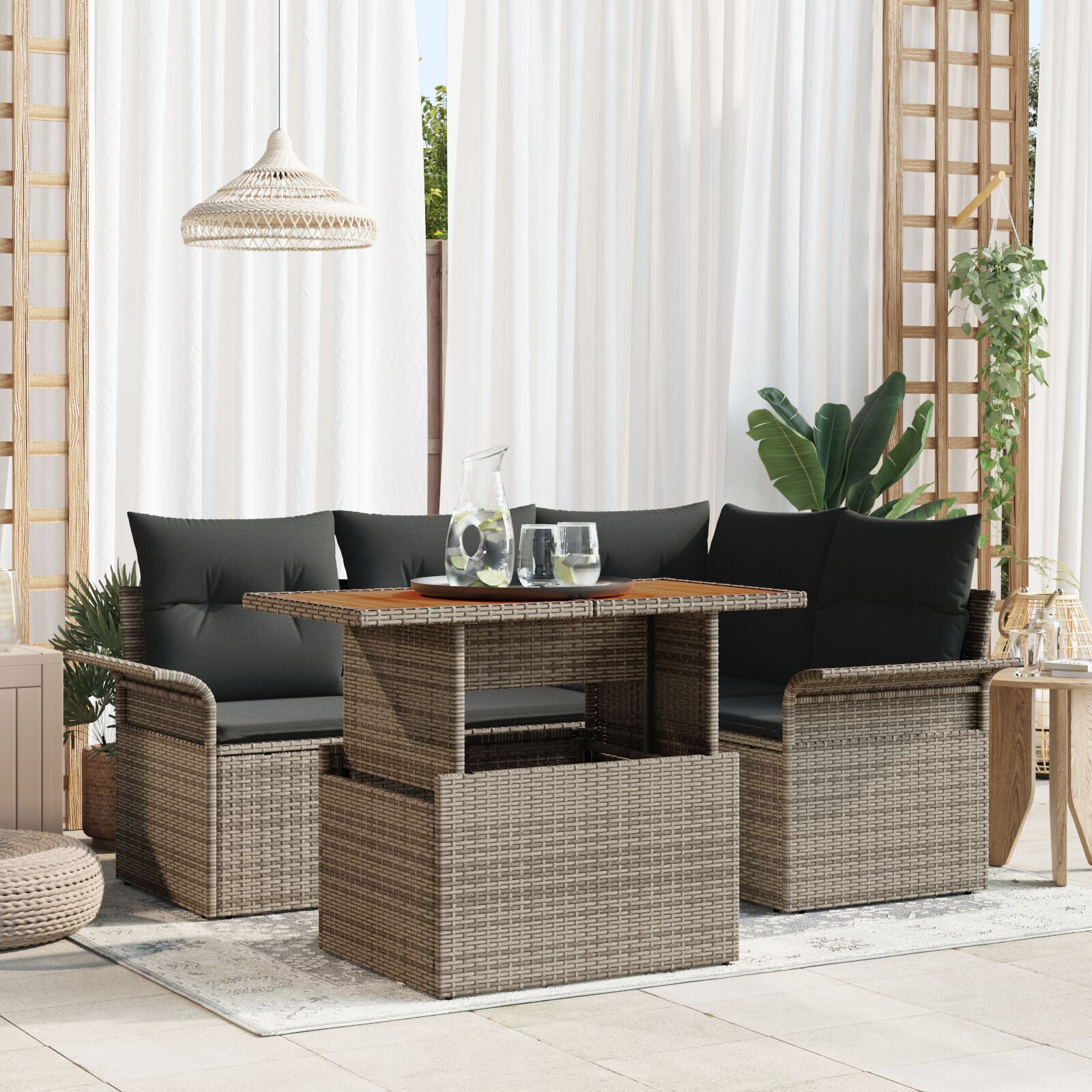 vidaXL Garten Sofa Set 5 Teile Grau, Braun, Schwarz Rattan, Stahl vidaXL Garten Sofa Set 5 Teile Grau, Braun, Schwarz Rattan, Stahl