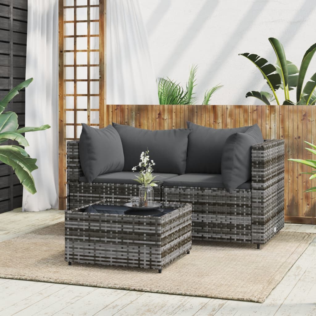 3-tlg. Garten-Lounge-Set mit Kissen Grau Poly Rattan 3-tlg. Garten-Lounge-Set mit Kissen Grau Poly Rattan