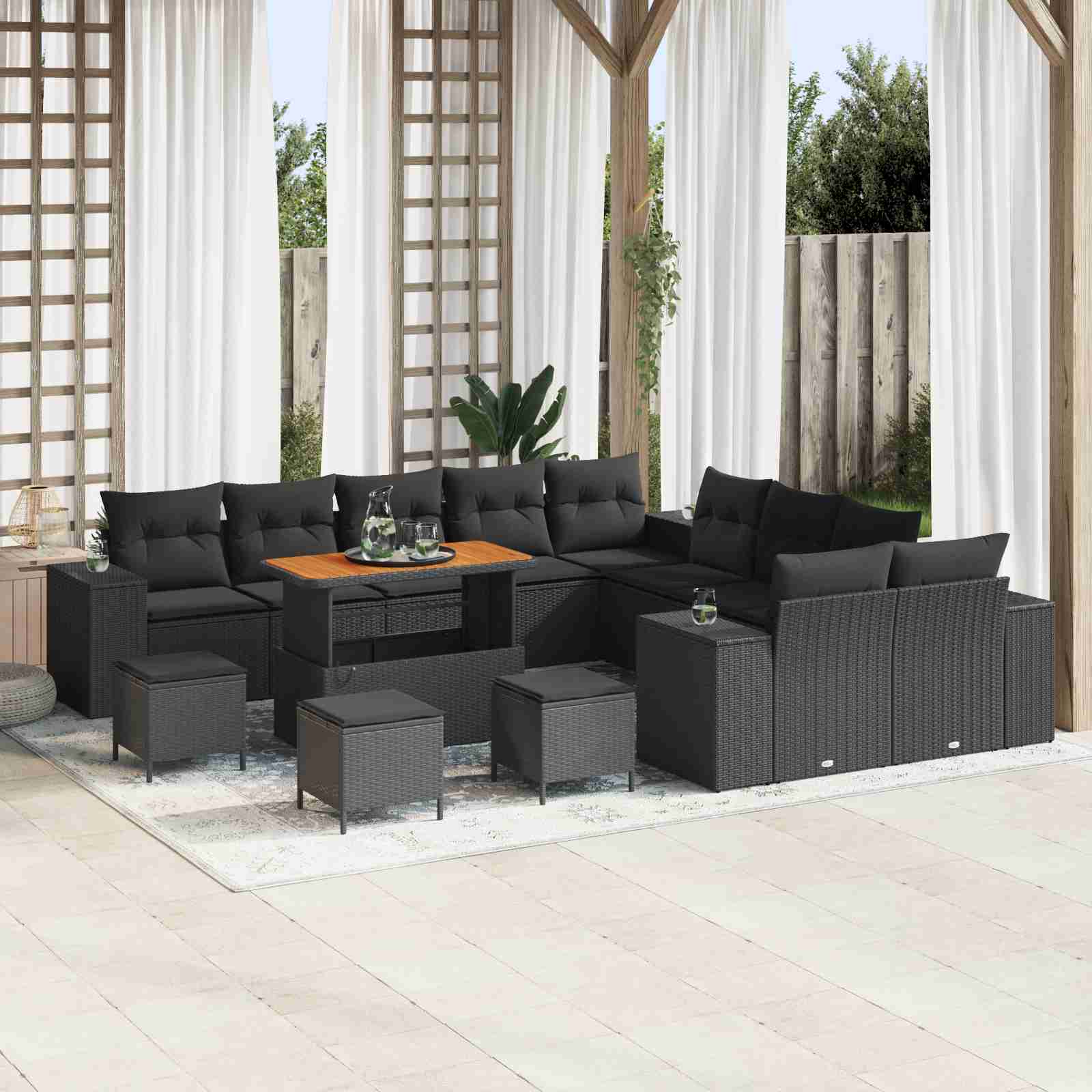 14-teiliges Garten Sofa Set mit Kissen Schwarz Poly Rattan Akazie 14-teiliges Garten Sofa Set mit Kissen Schwarz Poly Rattan Akazie