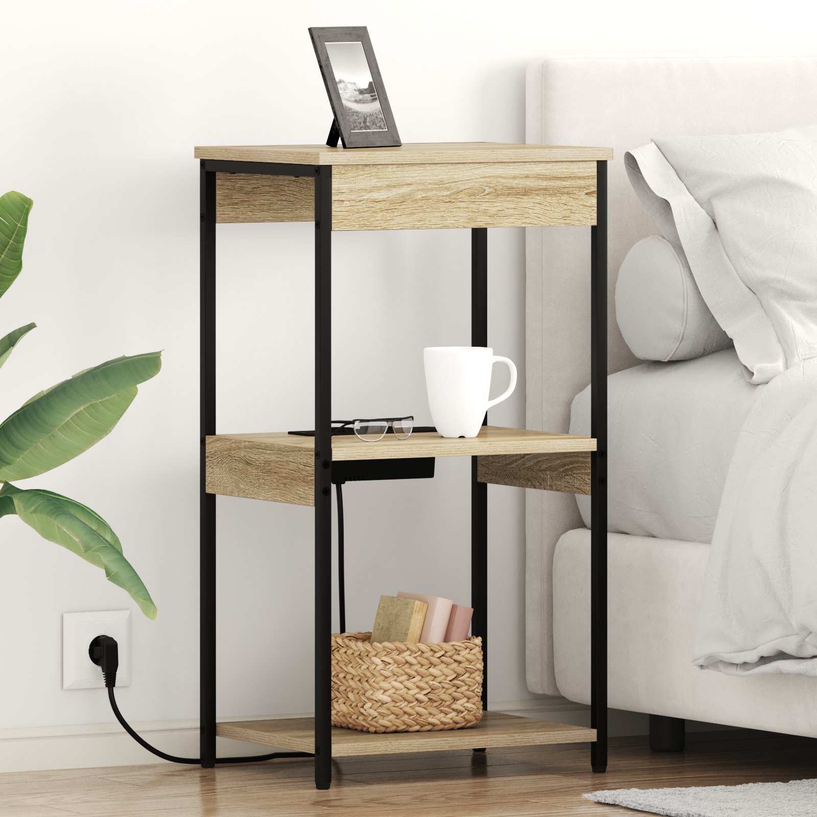 Nachttisch mit Ladestation mit Regal Sonoma Eiche Holzwerkstoff