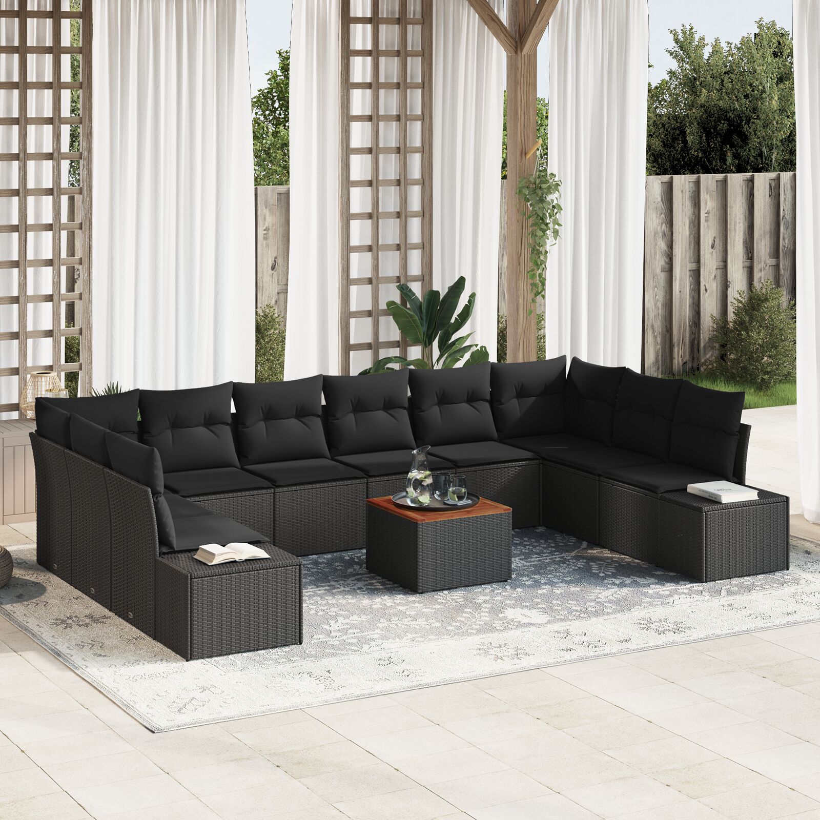 11-teiliges Garten Sofa Set mit Kissen Schwarz Poly Rattan Akazie 11-teiliges Garten Sofa Set mit Kissen Schwarz Poly Rattan Akazie