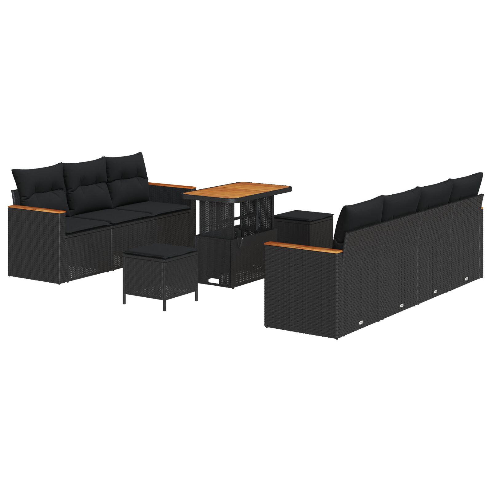 10-teiliges Garten-Sofa-Set mit Kissen Schwarz Poly Rattan Akazie, 3-teiliges Garten-Ess-Set mit Kissen Schwarz Poly Rattan Akazie