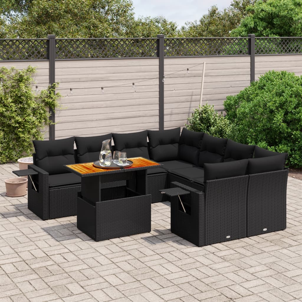 9-tlg. Garten-Sofagarnitur mit Kissen Schwarz Poly Rattan 9-tlg. Garten-Sofagarnitur mit Kissen Schwarz Poly Rattan