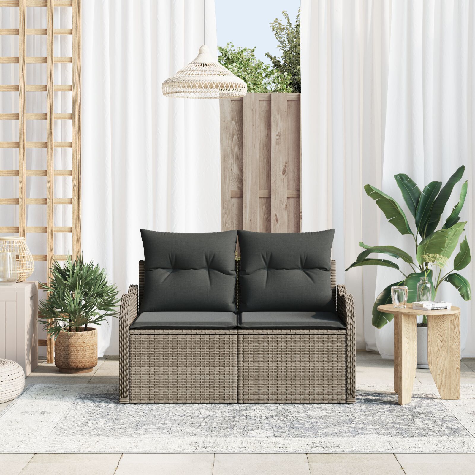 2-Sitzer Gartensofa mit Stauraum und Kissen Grau Poly Rattan