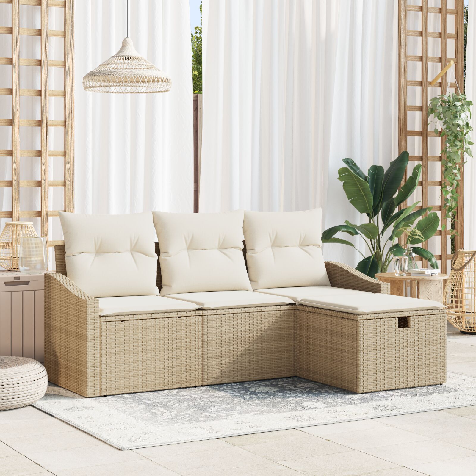 4-teiliges Garten Sofa Set mit Kissen Beige Poly Rattan 4-teiliges Garten Sofa Set mit Kissen Beige Poly Rattan