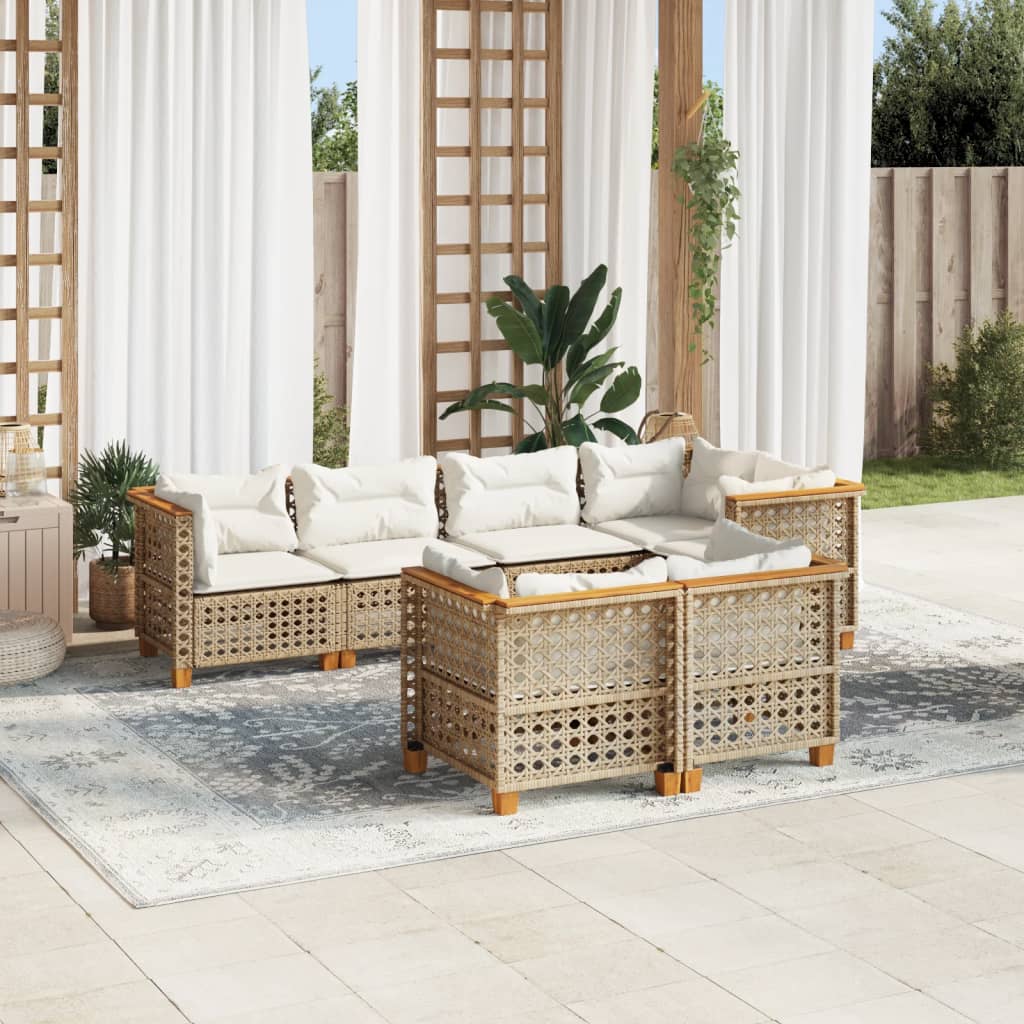 7-tlg. Garten-Sofagarnitur mit Kissen Beige Poly Rattan