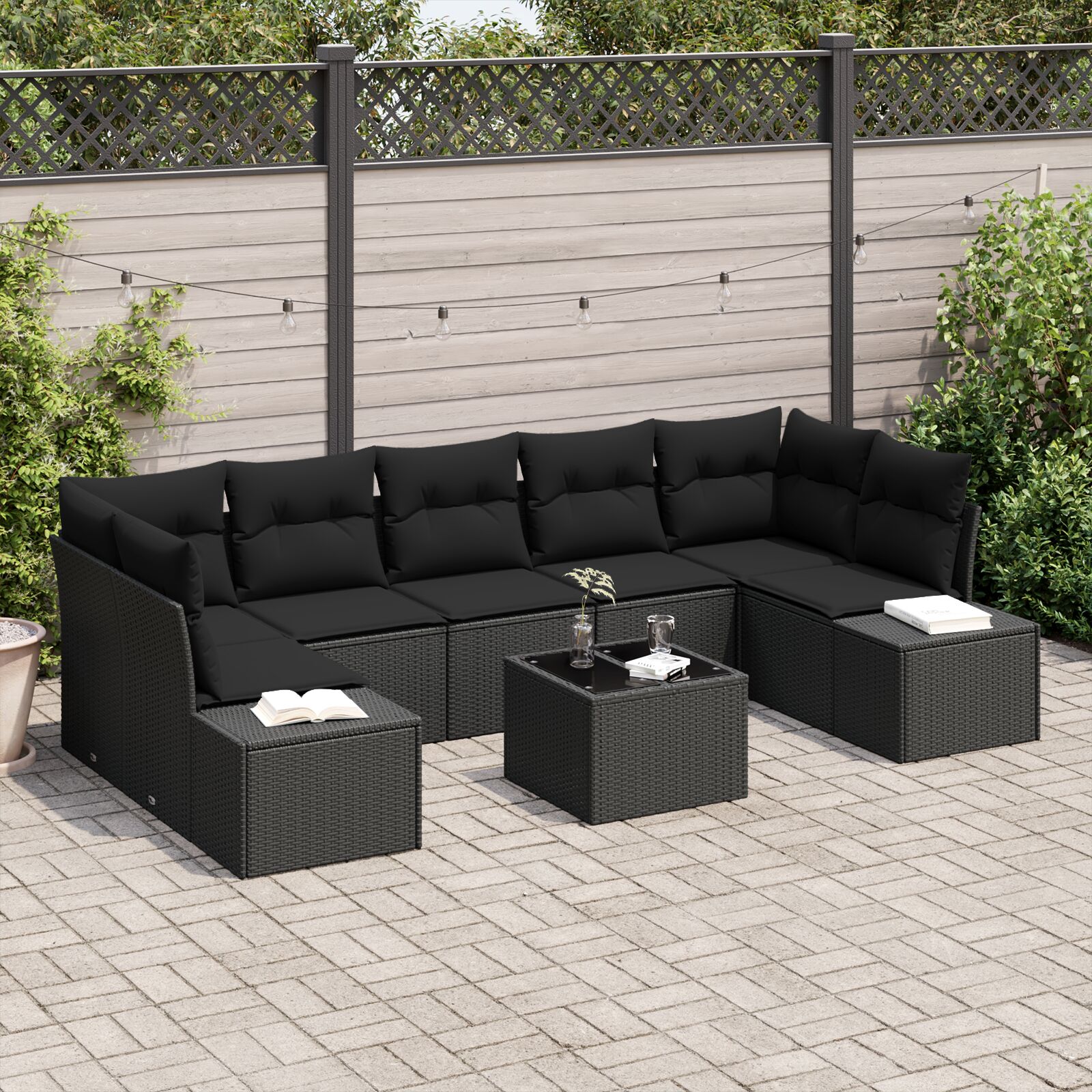 8-teiliges Garten Sofa Set mit Kissen in Schwarz aus Poly Rattan