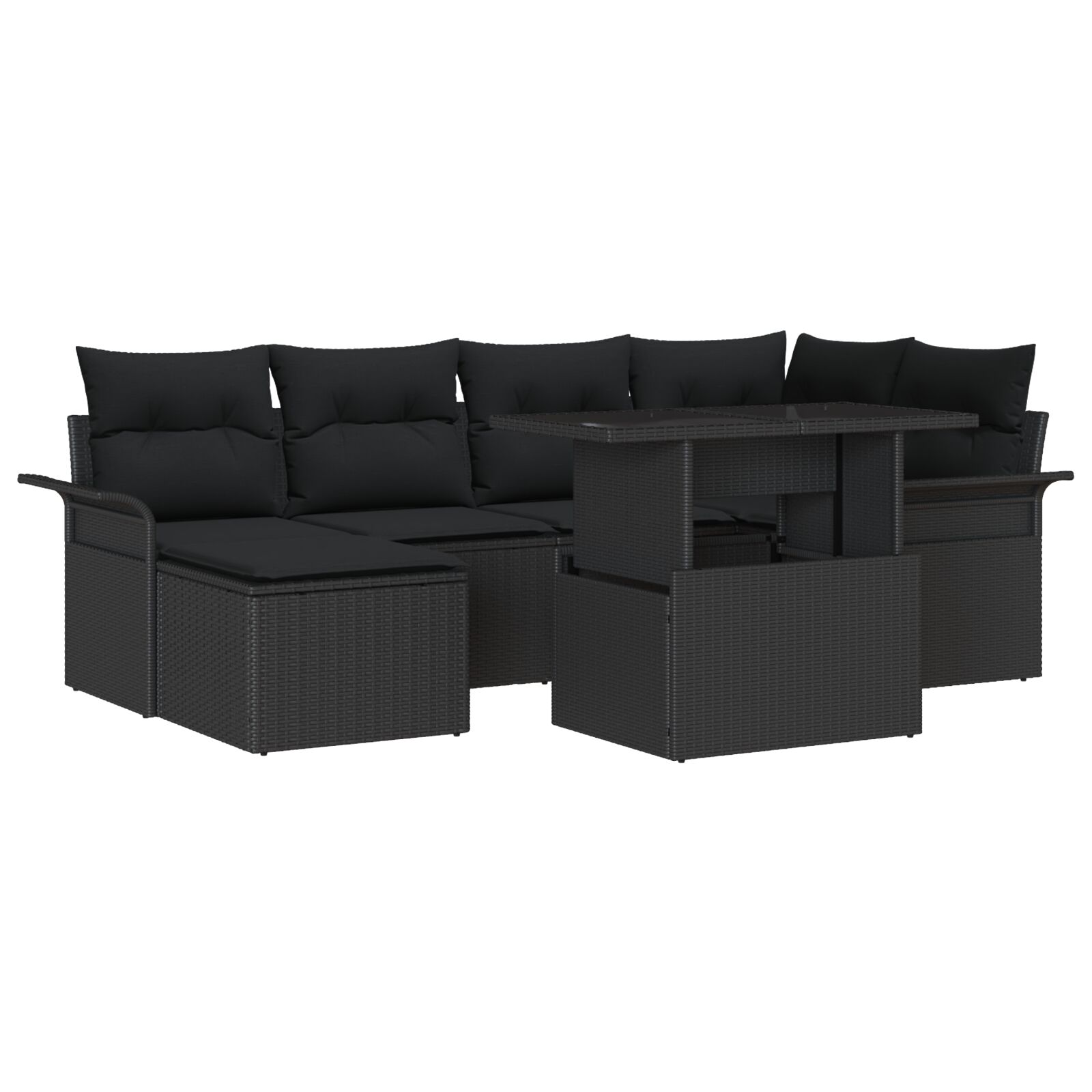 7 Teile Garten Sofa Set mit Kissen Schwarz Poly Rattan, 2-Sitzer Garten Sofa mit Stauraum & Kissen Schwarz Poly Rattan