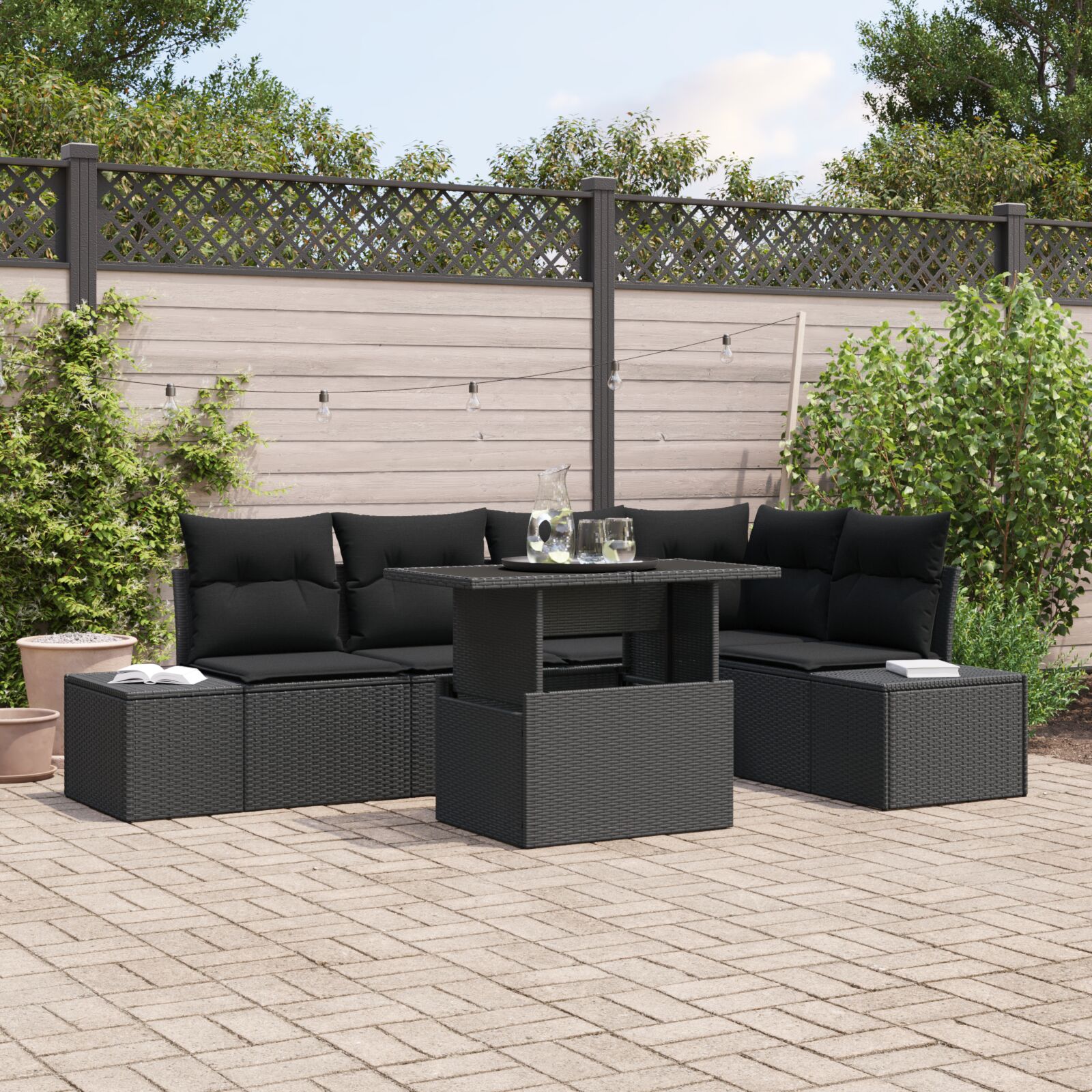 6-teiliges Garten-Sofa-Set mit Kissen aus grauem Poly-Rattan 6-teiliges Garten-Sofa-Set mit Kissen aus grauem Poly-Rattan