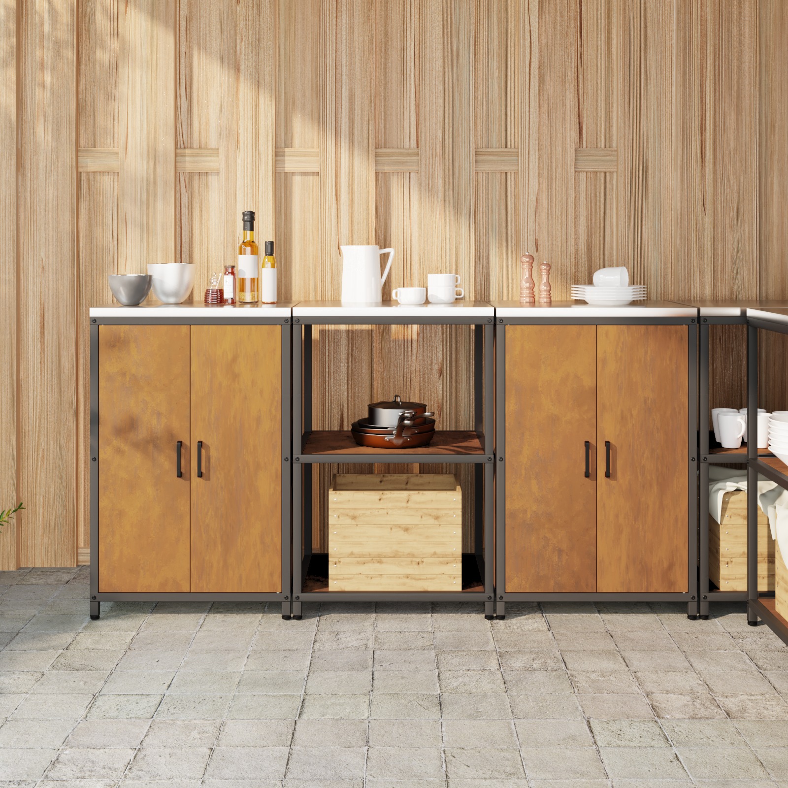 Küchenlager-Set mit Regal mit Speicher mit Tür 3 pcs Rostig 180 x 50 x 92 cm