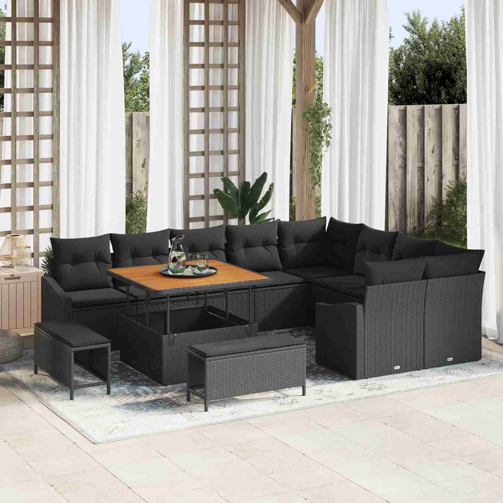 12-teilige Garten Sofa Set mit Kissen Schwarz Poly Rattan Akazie