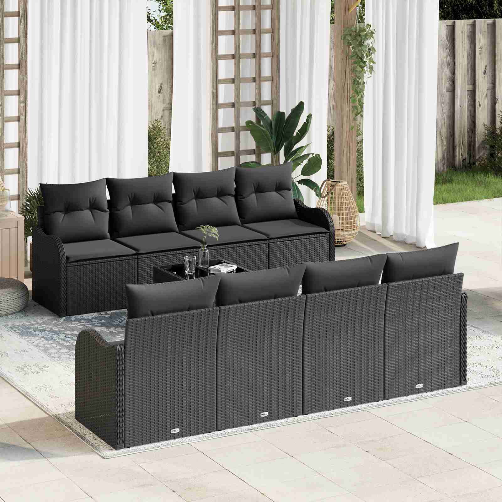 9-teiliges Garten Sofa Set mit Kissen Schwarz Poly Rattan 9-teiliges Garten Sofa Set mit Kissen Schwarz Poly Rattan