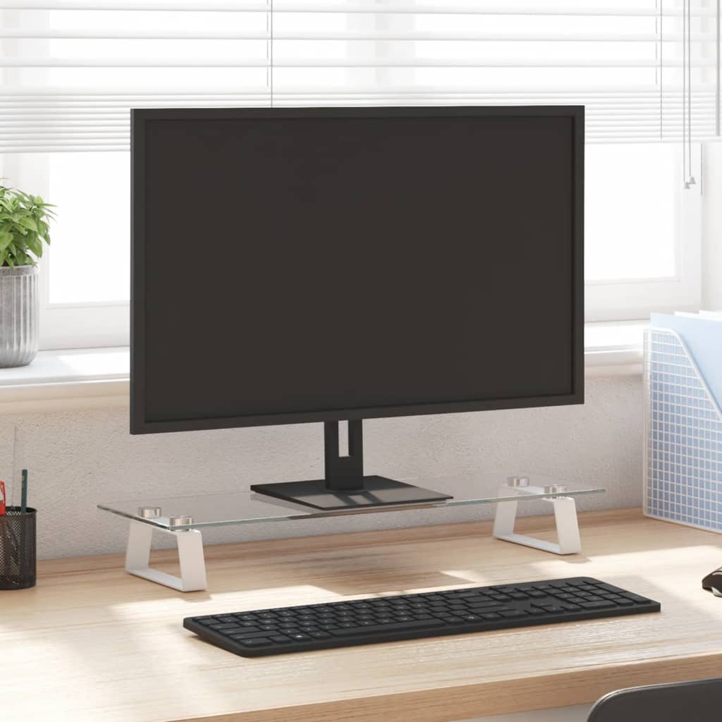 Monitorständer Weiß 60x20x8 cm Hartglas und Metall Monitorständer Weiß 60x20x8 cm Hartglas und Metall