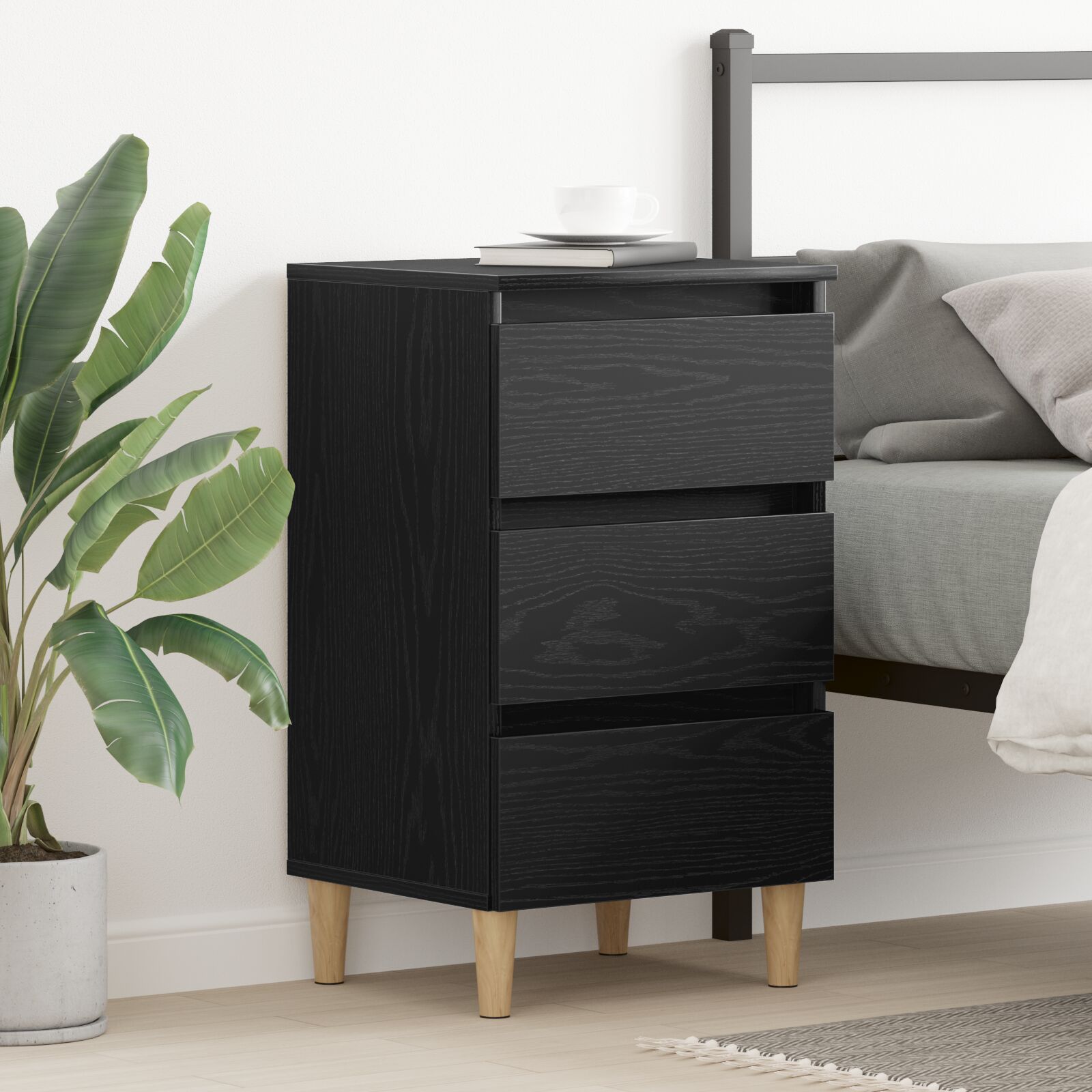 vidaXL Nachttisch mit Holzbein Schwarz Eiche 40x35x69 cm