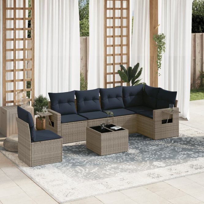 7-teiliges Gartensofa-Set mit Kissen, grau, Polyrattan 7-teiliges Gartensofa-Set mit Kissen, grau, Polyrattan