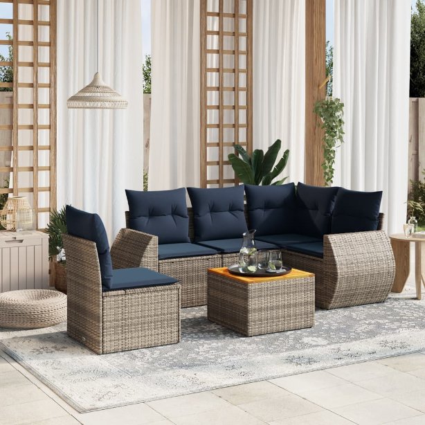 6-teiliges Gartensofa-Set mit Kissen, grau, Polyrattan 6-teiliges Gartensofa-Set mit Kissen, grau, Polyrattan