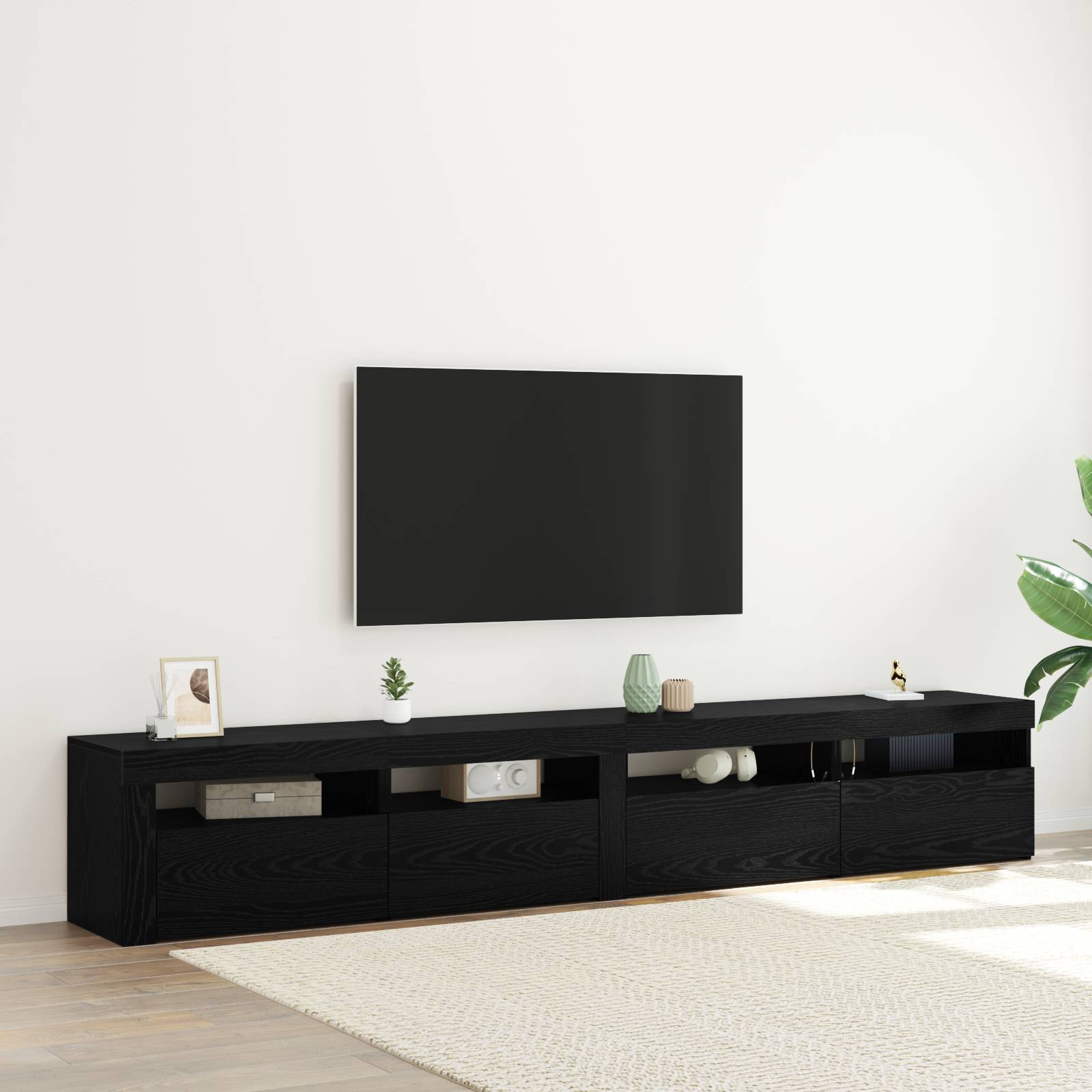 3-teiliges TV Schrank Set mit LED Lichtern Schwarze Eiche Ingenie Holz