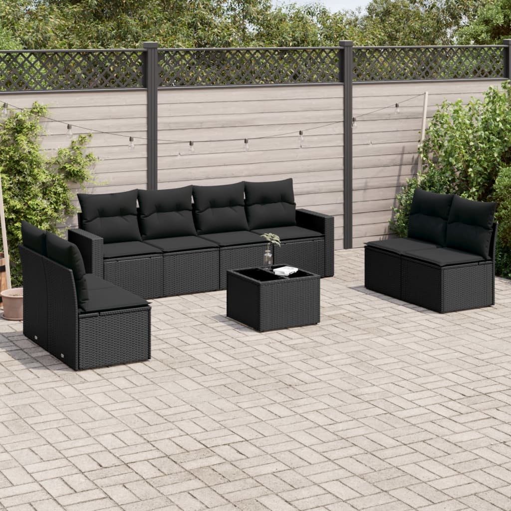 9-tlg. Garten-Sofagarnitur mit Kissen Schwarz Poly Rattan 9-tlg. Garten-Sofagarnitur mit Kissen Schwarz Poly Rattan