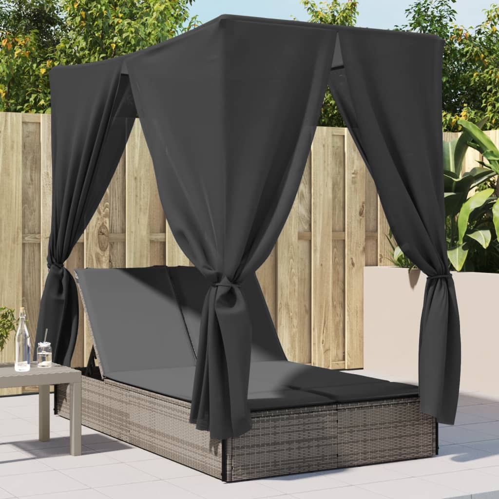 Doppel-Sonnenliege mit Dach und Vorhängen Grau Poly Rattan Doppel-Sonnenliege mit Dach und Vorhängen Grau Poly Rattan