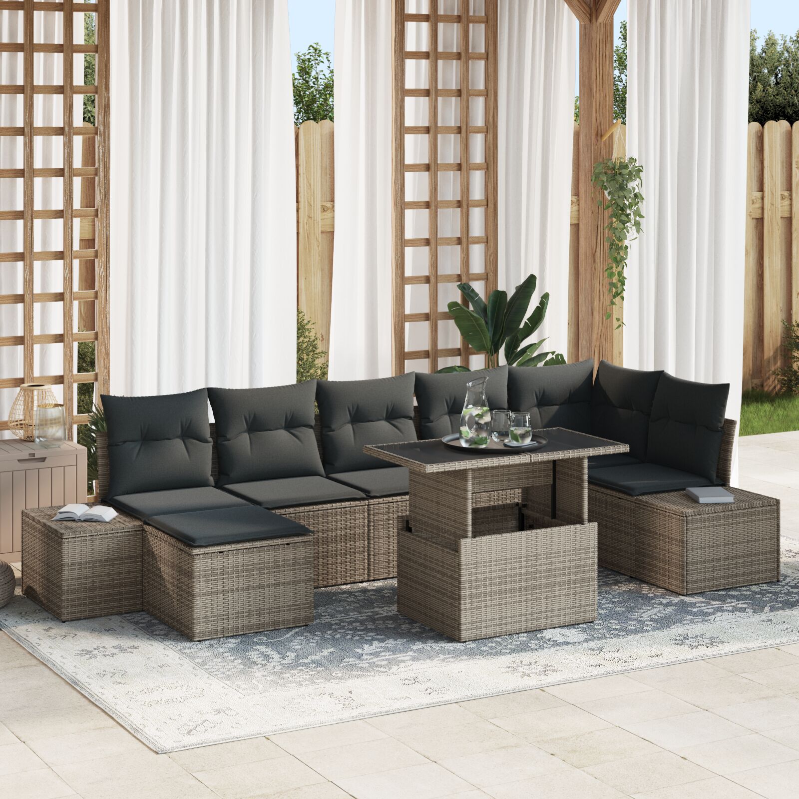 vidaXL Garten-Sofaset 8 Teile Grau Rattan, Polyester Outdoortisch