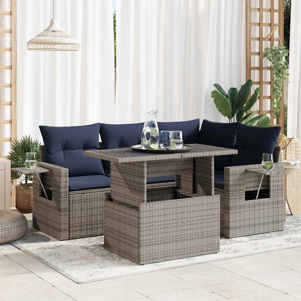 5tlg. Garten-Sofagarnitur mit Kissen Schwarz Poly Rattan Akazie 5tlg. Garten-Sofagarnitur mit Kissen Schwarz Poly Rattan Akazie