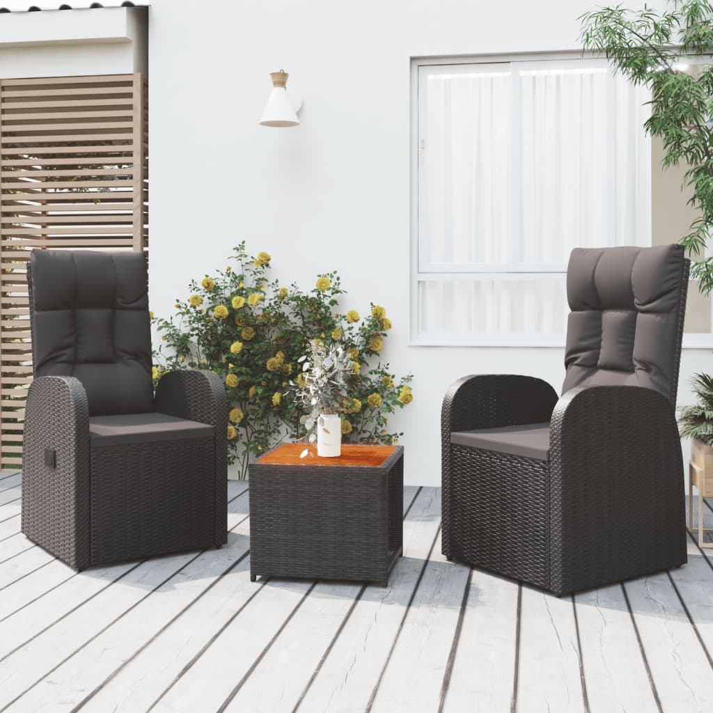 3-tlg. Garten-Lounge-Set Schwarz Poly Rattan Massivholz Akazie 3-tlg. Garten-Lounge-Set Schwarz Poly Rattan Massivholz Akazie
