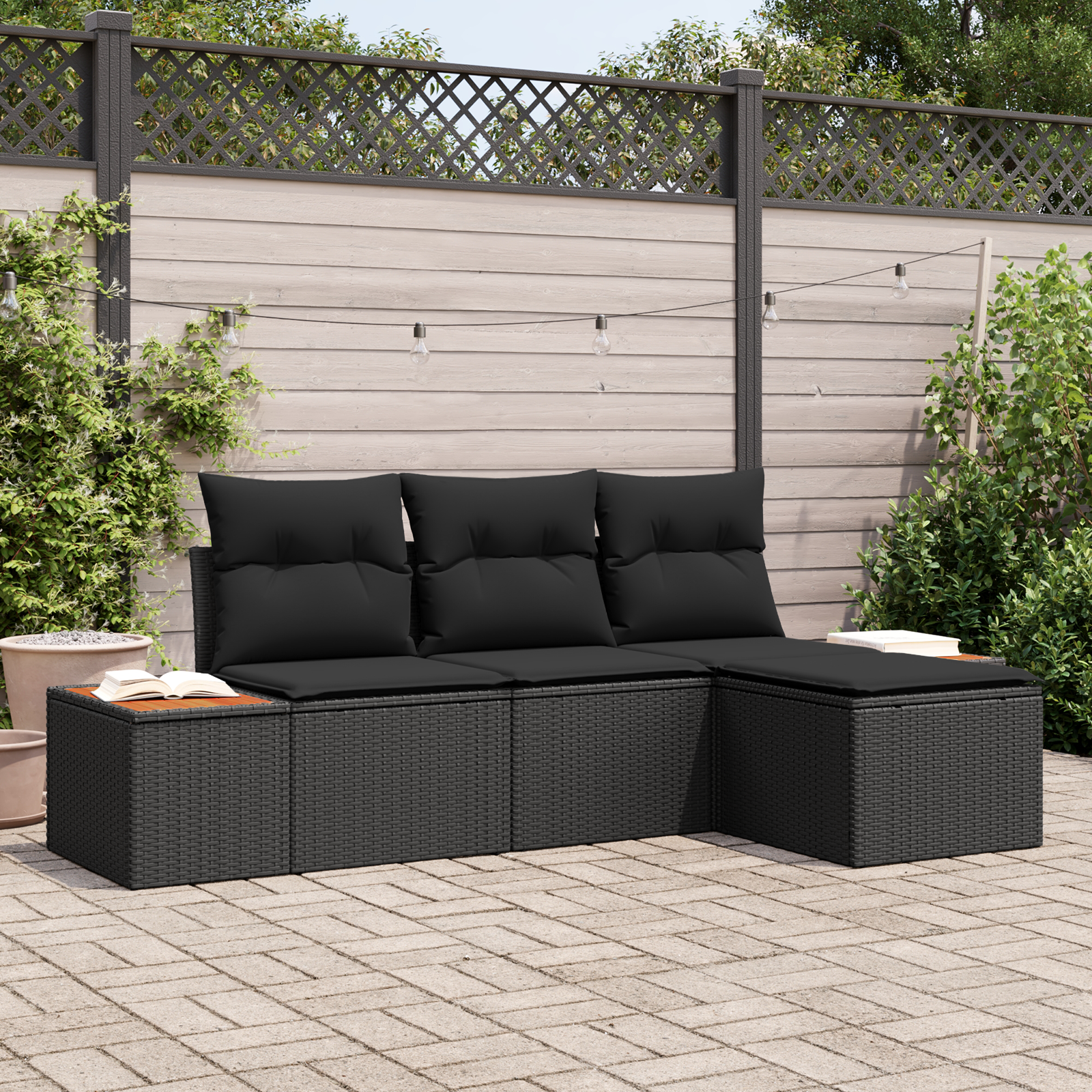 4-teiliges Garten-Sofa-Set mit Kissen Schwarz Poly-Rattan Akazie 4-teiliges Garten-Sofa-Set mit Kissen Schwarz Poly-Rattan Akazie