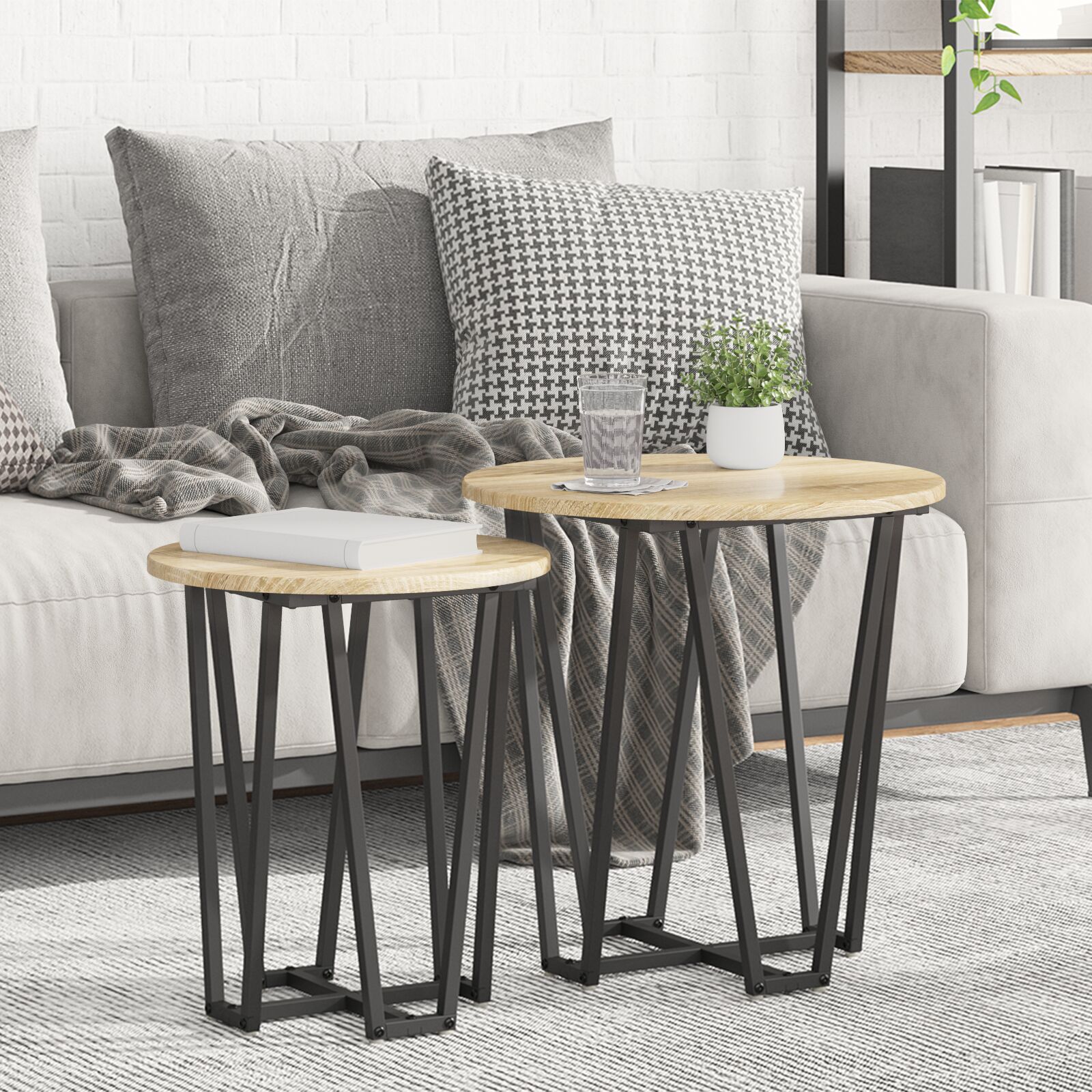 vidaXL Beistelltisch 2er Set Sonoma Eiche, aus Holzwerkstoff und Metall