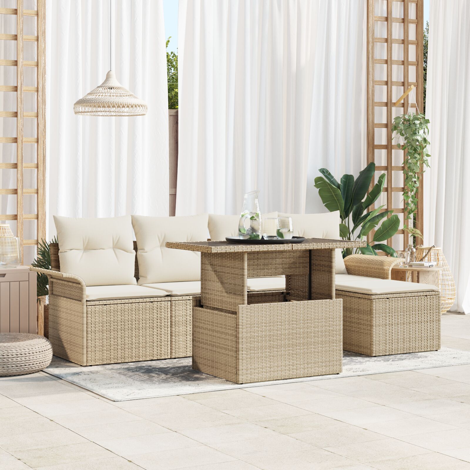 6-teiliges Garten Sofa Set mit Kissen Beige Poly Rattan