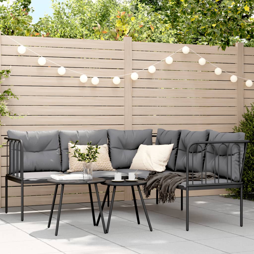 Gartensofa in L-Form mit Kissen Schwarz Stahl und Textilene Gartensofa in L-Form mit Kissen Schwarz Stahl und Textilene