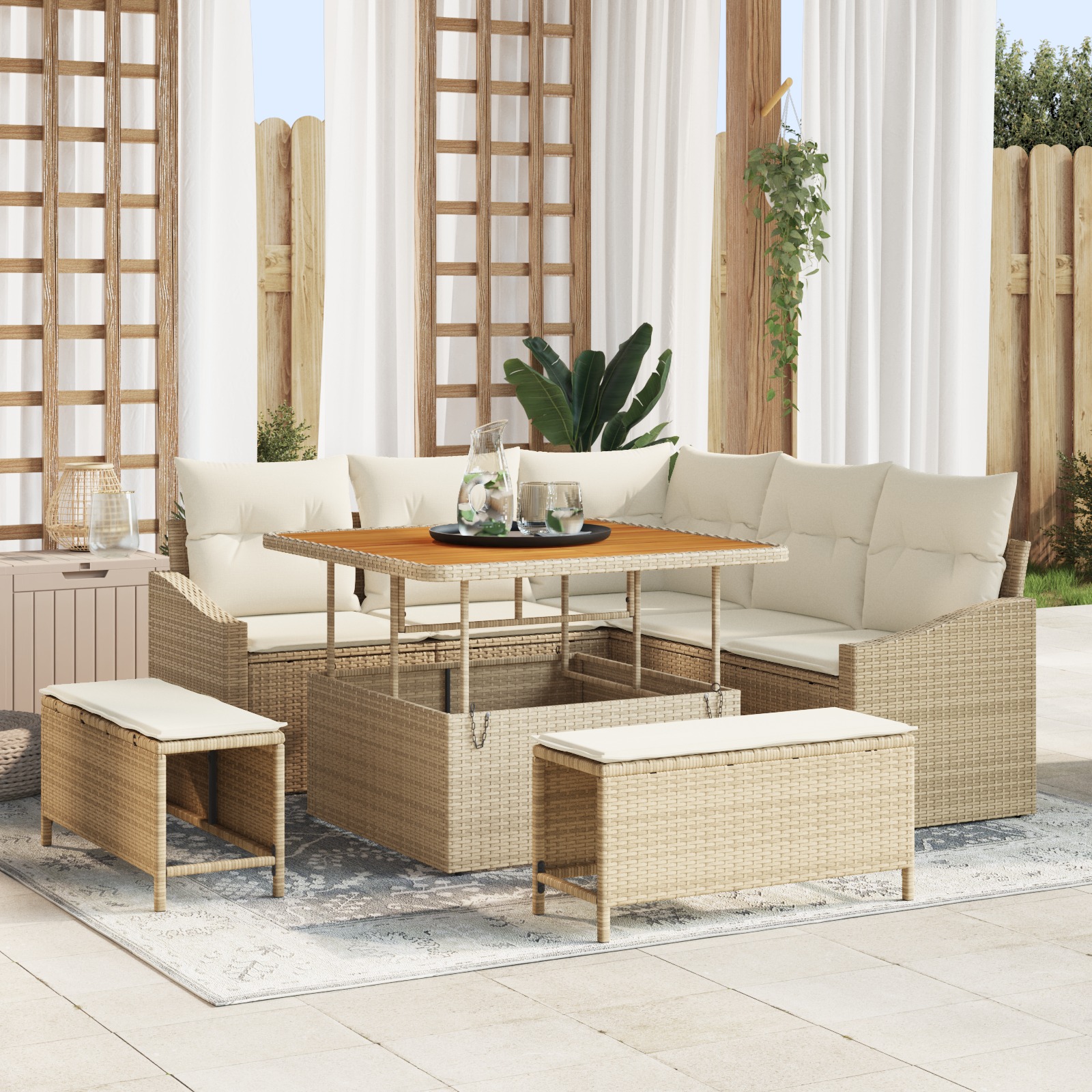 8-teiliges Garten Sofaset mit Kissen Beige Poly-Rattan Akazie 8-teiliges Garten Sofaset mit Kissen Beige Poly-Rattan Akazie
