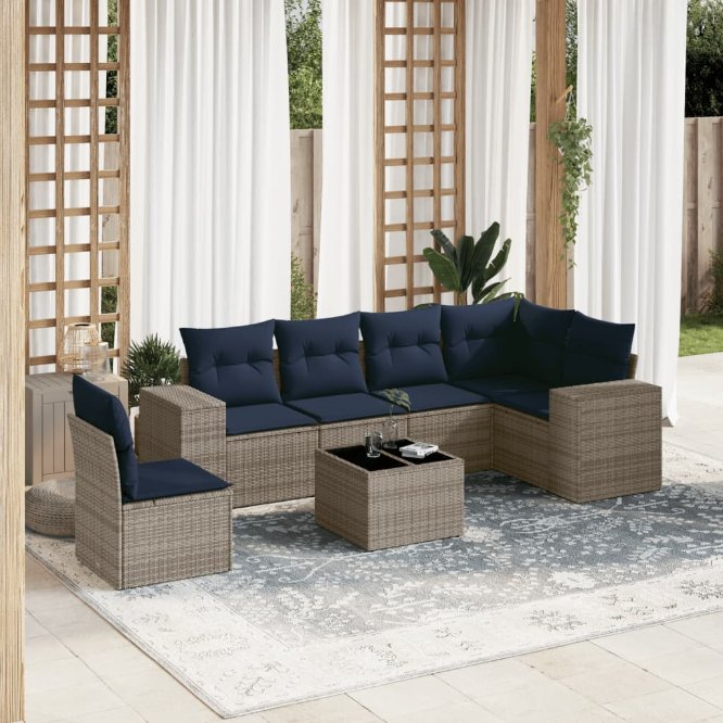 7-teiliges Gartensofa-Set mit Kissen, grau, Polyrattan 7-teiliges Gartensofa-Set mit Kissen, grau, Polyrattan