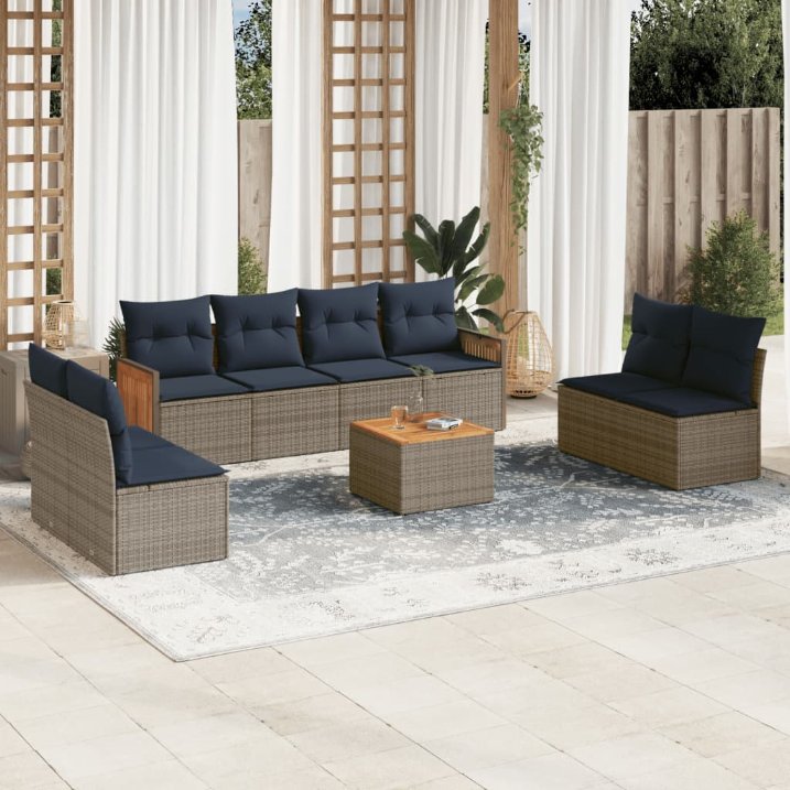 9-teiliges Gartensofa-Set mit Kissen, grau, Polyrattan 9-teiliges Gartensofa-Set mit Kissen, grau, Polyrattan